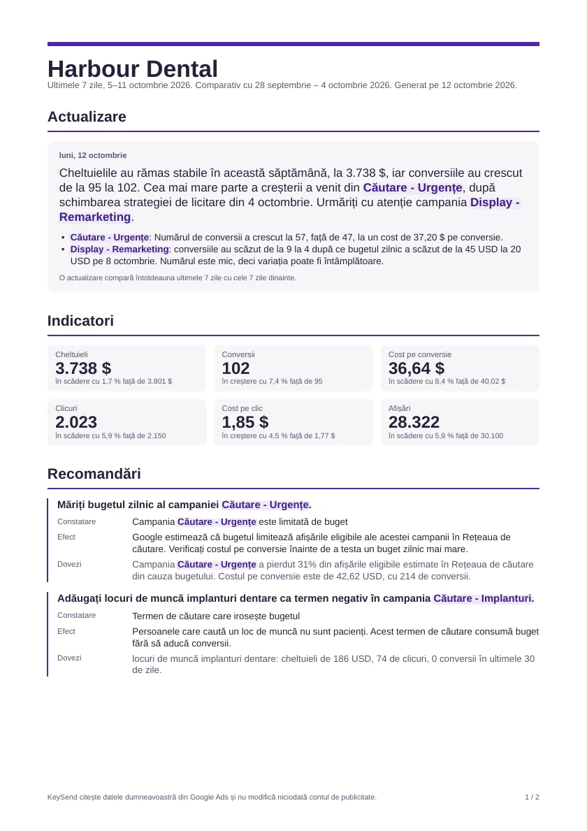 Prima pagină a unui export PDF pentru Harbour Dental, cu cifrele din ultimele 7 zile și actualizarea.